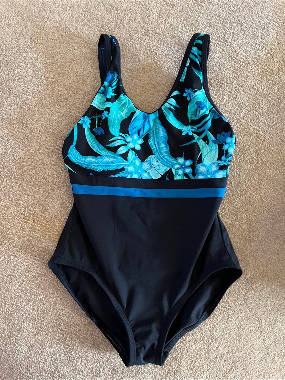 Black One-Piece Swimsuit with Teal Floral Side Accent